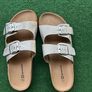Slide in women’s sandals. Shiny silver in color with nice buckles.